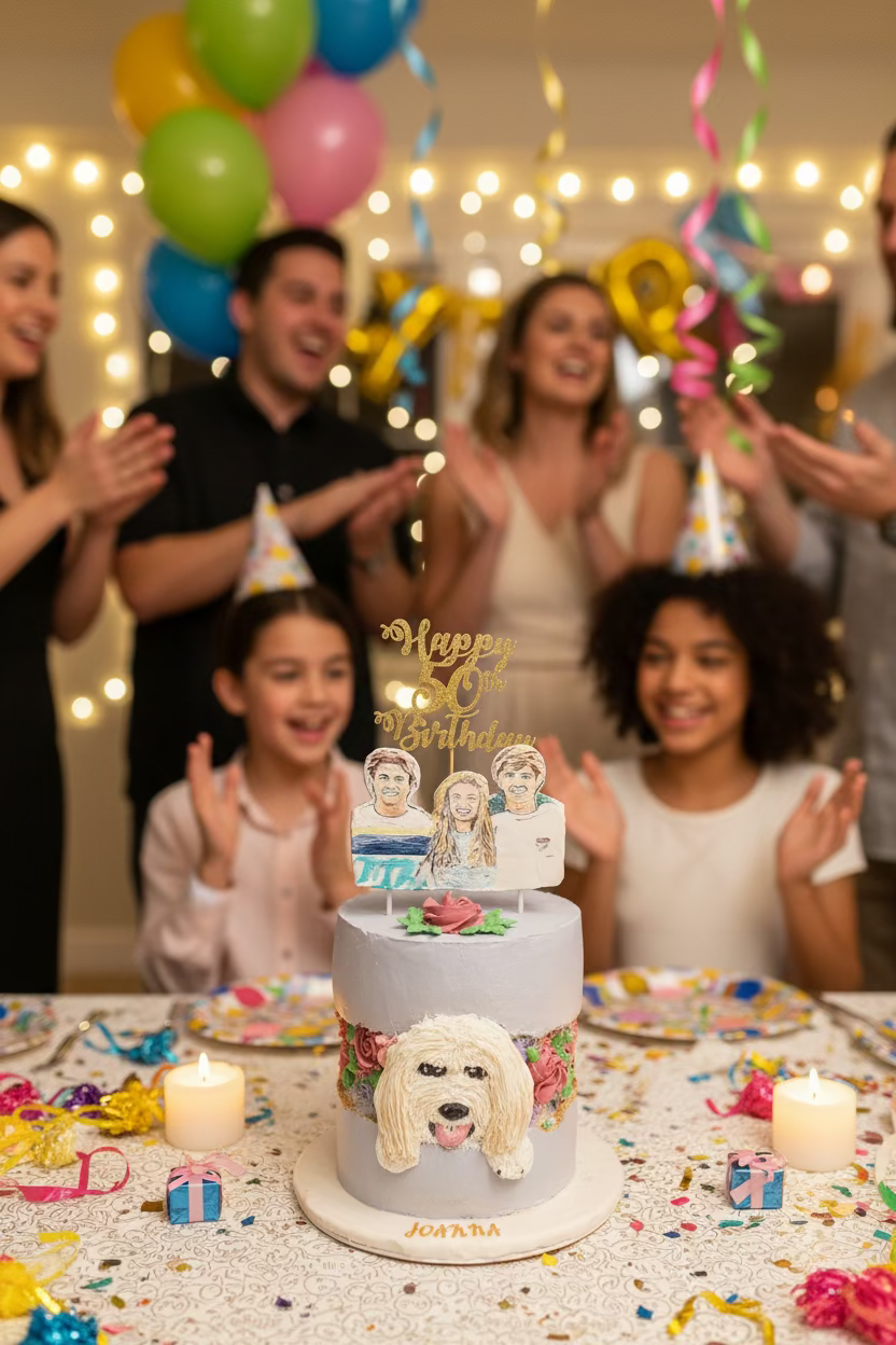 Birthday cake with cookie cake topper and decorative roses
