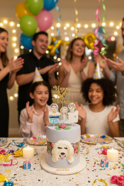 Birthday cake with cookie cake topper and decorative roses